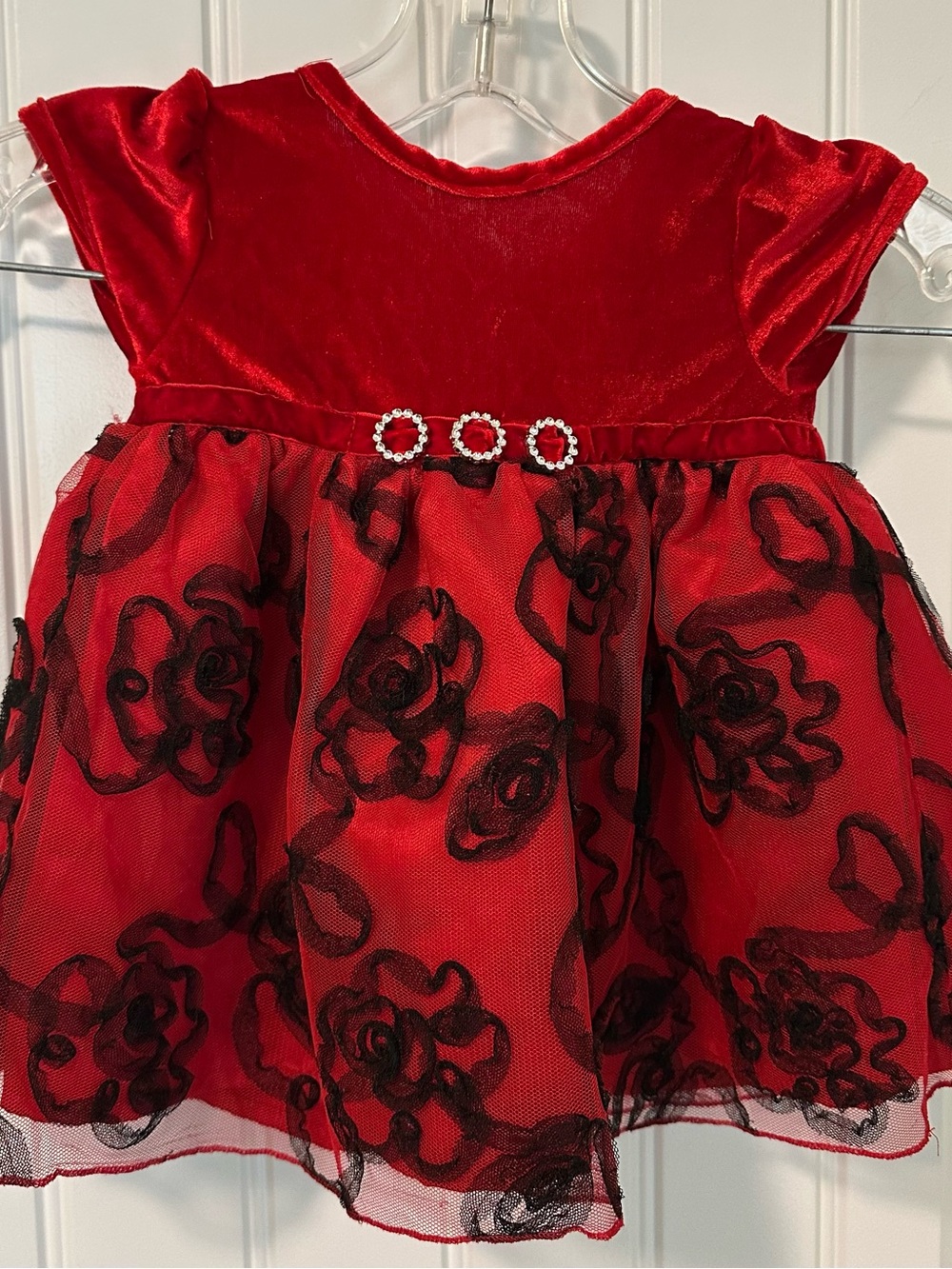 Red Velvet & Tulle Baby Dress with Black Rose Overlay & Rhinestone Details 6 M